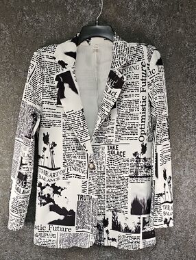 Newspaper Print Knit Blazer, Black White, Size Small